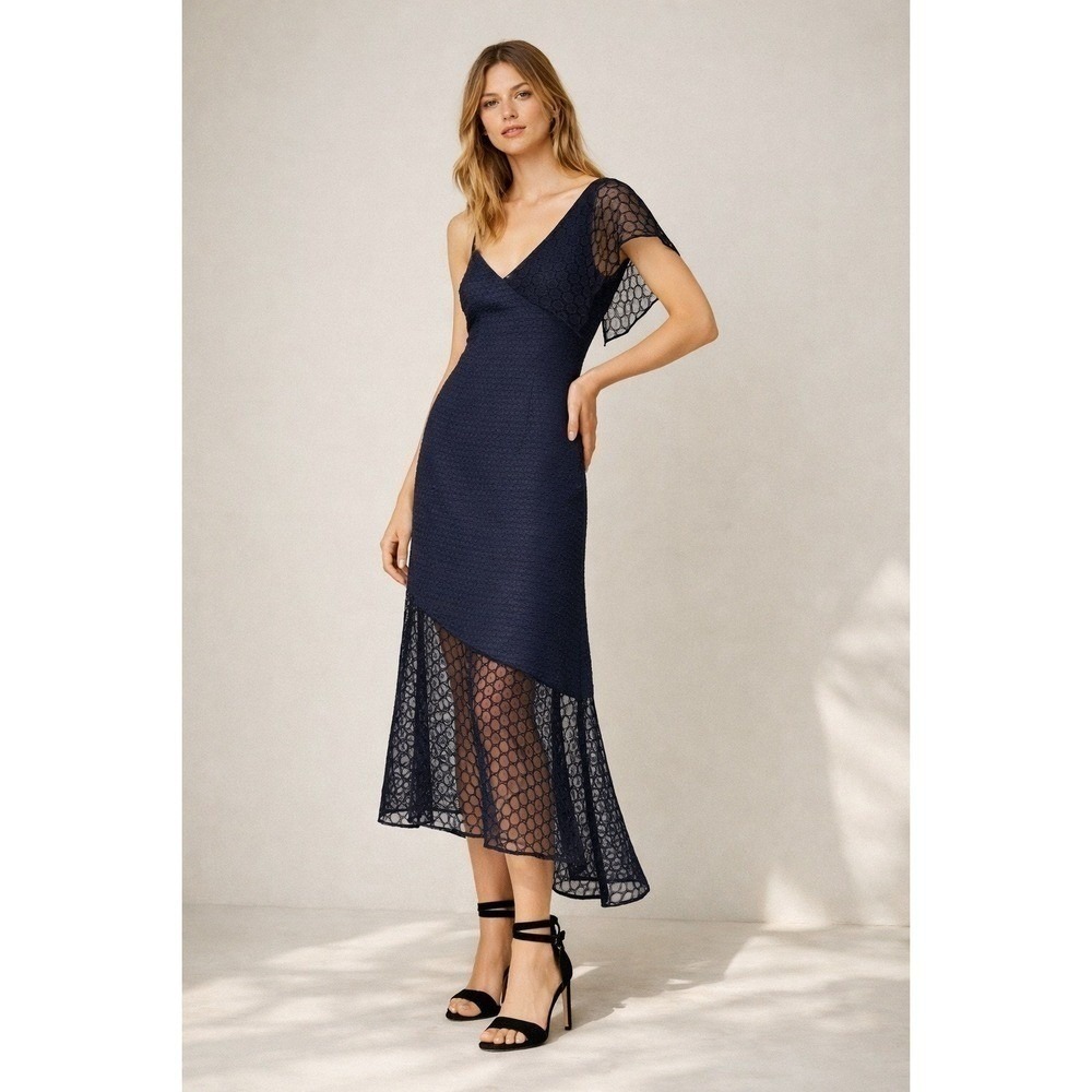 Club Monaco Izanda Navy Blue Silk Lace Ruffle Midi Dress SZ 4 Coquette Fairy